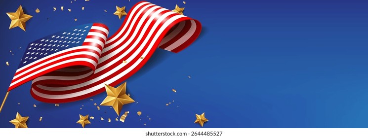 American flag with golden stars on blue background, perfect for Independence Day designs, social media posts, or patriotic promotions.