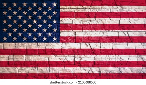 Bandera americana con textura de pared de piedra gris. Textura del viejo afiche de vuelta con la bandera de nosotros. Plantilla de banner web para diseño industrial. Vector