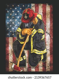 American Flag Grunge Firefighter Heart Vector Illustration. Firefighter Background