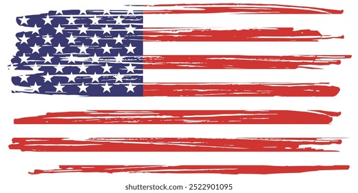 Textura de tinta grunge bandeira americana. Bandeira dos EUA. Símbolo angustiado dos EUA, bandeira dos Estados Unidos Ilustração Vetorial para Celebração Feriado 4 de julho Dia do Presidente Americano. 