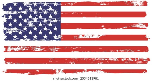 Textura de tinta grunge bandeira americana. Bandeira dos EUA. Símbolo angustiado dos EUA, bandeira dos Estados Unidos Ilustração Vetorial para Celebração Feriado 4 de julho Dia do Presidente Americano. 