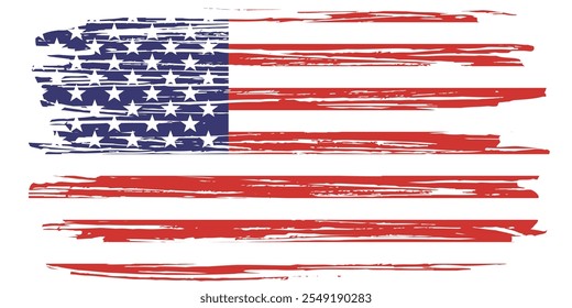 Textura de tinta grunge bandeira americana. Bandeira dos EUA. Símbolo angustiado dos EUA, bandeira dos Estados Unidos Ilustração Vetorial para Celebração Feriado 4 de julho Dia do Presidente Americano. 