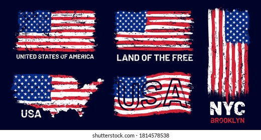 American flag grunge. Patriotic style print with us flag and lettering, t-shirt and poster graphic design grunge texture vector set. Usa flag grunge vintage texture, illustration united patriotic