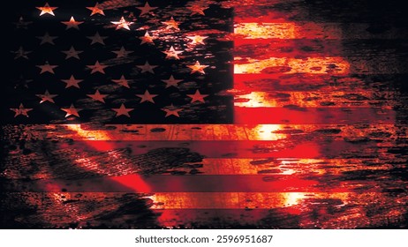 American flag in grunge style. Vintage style print of american flag on black background. Stylized American flag. Typography, t-shirt graphics, poster, banner, print, flyer, postcard. Vector.