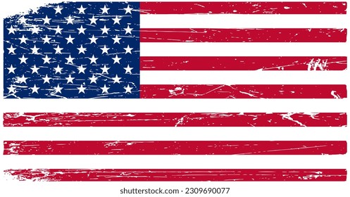 Bandera estadounidense con efecto de textura de fondo. Bandera vectorial de EE.UU. para camisetas, revistas, periódicos, folletos, carteles, logos, insignias, botones web o pancartas. Bandera nacional de los Estados Unidos