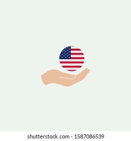 American flag in hand in circle. Flat vector icon