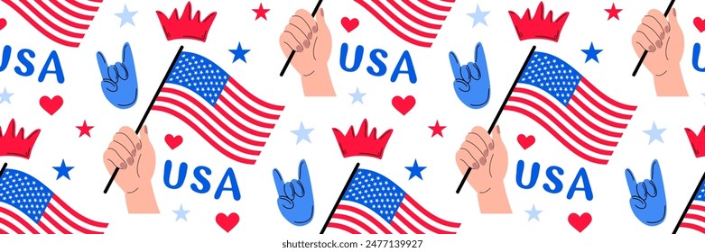 American flag in hand seamless pattern. USA Independence Day greeting Background. Symbol of American patriotism. Suitable for textile design, packaging, wallpaper, scrapbooking. Vector illustration.