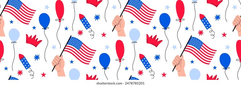 American flag in hand seamless pattern. USA Independence Day greeting Background. Symbol of American patriotism. Suitable for textile design, packaging, wallpaper, scrapbooking. Vector illustration.