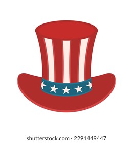 American flag hat. USA patriotic symbol. Graphic print design element. Uncle Sam's hat. Presidents' day. Cylinder with ribbon and stars. Independence Day. US politics. Vector illustration, clip art. 