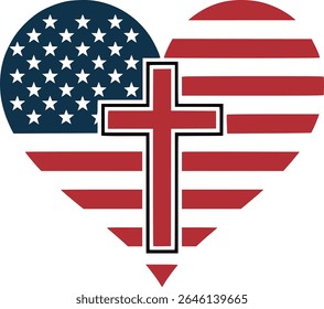 American Flag Heart with Christian Cross Vector – Patriotic USA Stars and Stripes Illustration with Red Cross – Bold Graphic Design for T-Shirts, Transparent Background, Religious and National Symbol