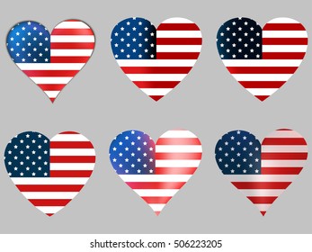 American flag in heart. Collection of hearts with the American flag. Vector illustration.
