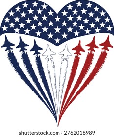 American Flag Heart with Fighter Jets Smoke Trail Patriotic Red White Blue Stars Stripes Military Air Force Design for 4th of July T-shirt, Hoodie, and Sublimation Print