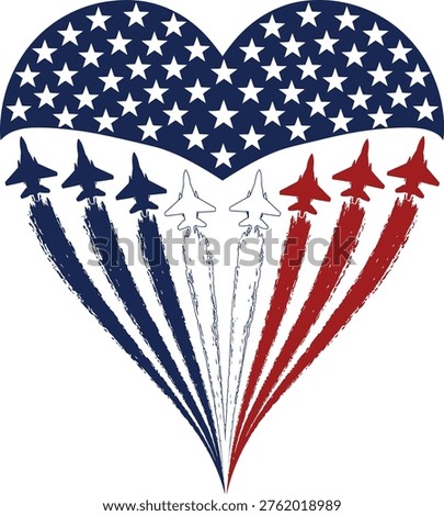 American Flag Heart with Fighter Jets Smoke Trail Patriotic Red White Blue Stars Stripes Military Air Force Design for 4th of July T-shirt, Hoodie, and Sublimation Print