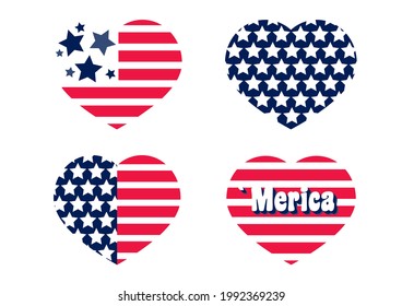 American flag in Heart icon design. Stripe, Stars Symbol of Independence Day. Patriotic Stickers for 4th of July. USA flag silhouette. Patriotic, Freedom emblem for Holiday