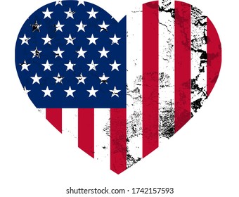 American flag in heart shape with grunge texture