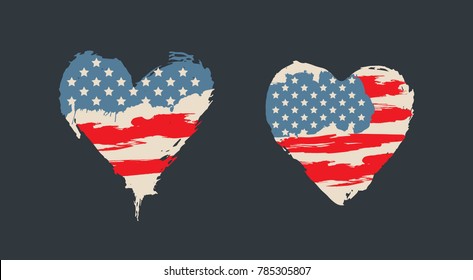 American flag in heart shape.  I Love USA red and blue isolated symbol, retro, grunge style. Hand drawing. Element for the design of a banner, poster, T-shirt.