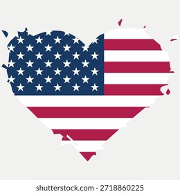 Forma de corazón de bandera americana con salpicaduras y textura grunge, símbolo patriótico de EE. UU. para el Día de la Independencia, 4 de julio
