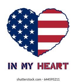 American flag heart shaped icon on white background. USA emblem typography Graphics. National printing design. Patriotic style. Symbol celebrate Independence Day America Vector illustration