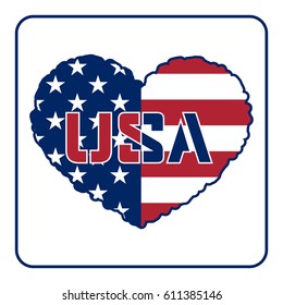 American flag heart shaped on white background. USA emblem typography Graphics. National printing design. Patriotic style. Symbol celebrate Independence Day America Vector illustration