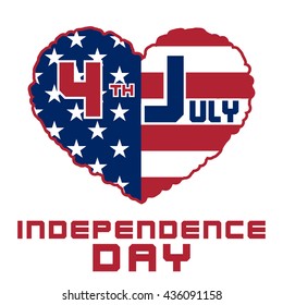 American flag as heart shaped symbol for 4th of July, Independence Day celebration. Patriotic love Typography Graphics. Fashion Print for sportswear apparel, t shirt, card, banner. Vector illustration