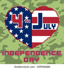 American flag as heart shaped symbol for 4th of July, Independence Day celebration. Patriotic love Typography Graphics. Fashion Print for sportswear apparel, t shirt, card, banner. Vector illustration