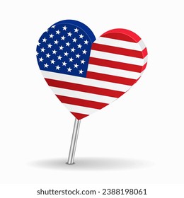 American flag heart-shaped map pointer layout. Vector illustration.