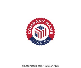 American Flag Hexagon Shape Logo Stamp Badge Concept icon sign symbol Element Design. Home, Real Estate, Realtor, House, Mortgage Logotype. Vector illustration template