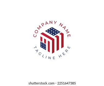 American Flag Hexagon Shape Logo Concept icon symbol sign Element Design. Home, Real Estate, Realtor, House, Mortgage Logotype. Vector illustration template