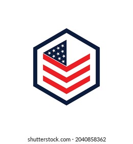 American flag in hexagonal shape logo vector. With box as warranty insurace financial and accounting consultant business company. Apply to web site, application brand start up