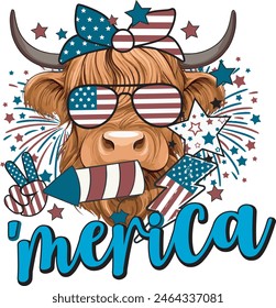 American Flag Highland Cow 4th of July Heifer T shirt Design