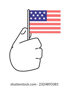 Bandera estadounidense con la mano portadora monocromática de vector plana. Celebración del patriotismo. Bandera ondeando. Patriótico 4 de julio. Imagen de clip de línea editable en blanco. Sencilla imagen de spot de dibujos animados bw para diseño gráfico web
