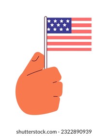 American flag holding semi flat colorful vector hand. Patriotism celebration. Waving flag. Patriotic 4th of july. Editable clip art on white. Simple cartoon spot illustration for web graphic design