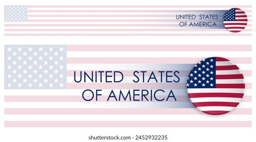 Amerikanische Flagge Horizontalen Web Banner im modernen Neomorphismus Stil. Webseite USA Country Header Button für mobile Anwendung oder Internetseite. Vektorgrafik