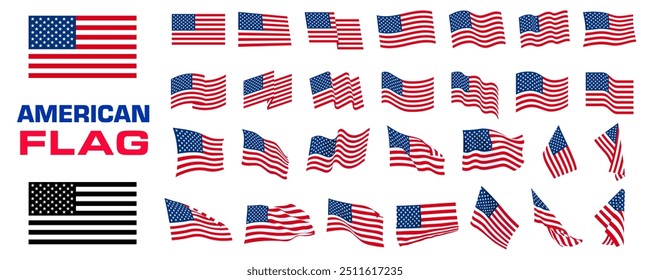 Conjunto de iconos de bandera estadounidense. Estilo plano. Vector