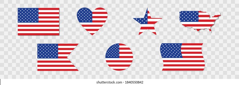 American Flag icon. Set of USA flags .2020 American Presidential Election . Veteran day banner in flat style. Illustration on transparent background. 10 eps
