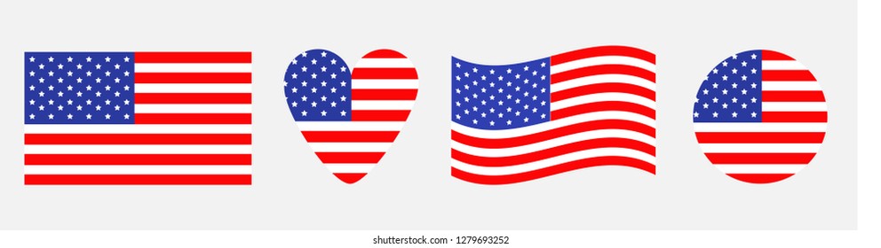 American flag icon set. Waving, heart, round shape. Happy Independence day sign symbol. Isolated. White background. Flat design element. Vector illustration