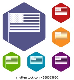 American flag icons set rhombus in different colors isolated on white background