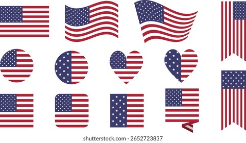 American Flag Icons Set USA Independence Day Patriotic Symbols Vector Illustration