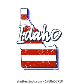 American flag in idaho state map. Vector grunge style with Typography hand drawn lettering idaho on map shaped old grunge vintage American national flag isolated on white background