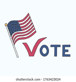 American flag and the inscription "Vote" on a light gray background in doodle style.