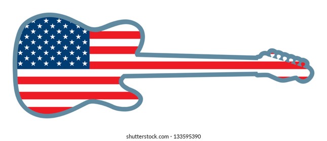 An American flag inside of the shape of an electric guitar.