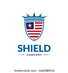 American flag inside shield shapes with liberty crown badge logo design