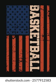 American flag inspired basketball t-shirt design, a graphic design featuring the American flag motif, with the word "BASKETBALL" vertically stacked across the stripes. Eps-10.