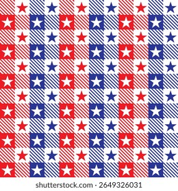 American Flag Inspired Design With Checkerboard And Stars. fabric pattern