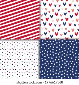 American flag inspired seamless pattern set with hearts, stars, stripes and polka dot designs in red and blue colors with a touch of pink.