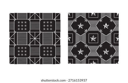 A bandeira americana inspirou padrões sem emenda. Estrelas e faixas desenhos geométricos. Preto e branco.