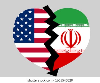 American flag and Iran flag in heart shape.Illustration of the relationship between the United States and Iran today.