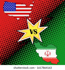 American flag and Iranian flag in map shape on red and green halftone background. Concept of world conflict and war, America VS Iran flat vector design, vector illustration 