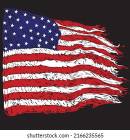 Bandera estadounidense aislada de fondo negro para afiches, camisetas impresas, elemento de negocios, contenido de medios sociales, blog, pegatina, vlog y tarjeta. ilustración vectorial.