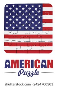 American flag jigsaw puzzle with fancy text saying "American Puzzle".